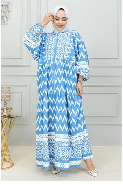 sefamerve Rochie Hijab Albastră Imprimată Digital - 0300-02