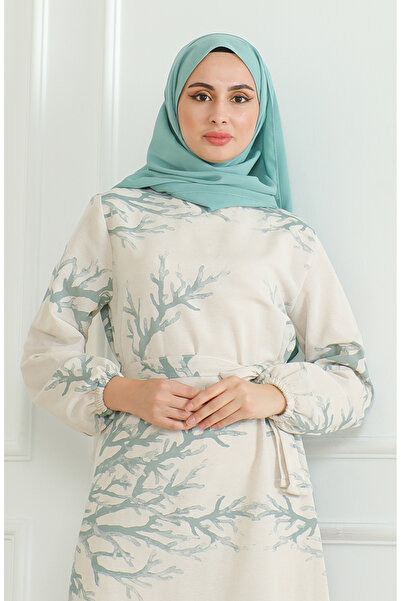 sefamerve Λινό Φόρεμα 0471F-01 - Διακοσμημένο και Ζώνη, Μπεζ Πράσινο