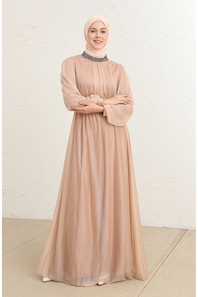 sefamerve Lachsfarbenes Glitzer-Abendkleid mit Gürtel – 5501-26