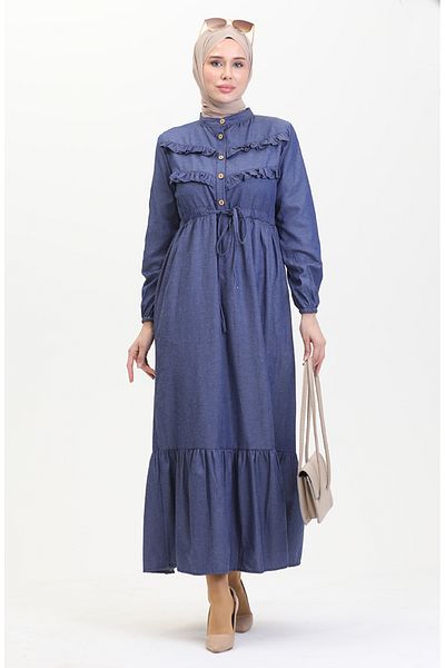 sefamerve Navy Blue Denim Dress - Front Ruffle, Model 0486-02