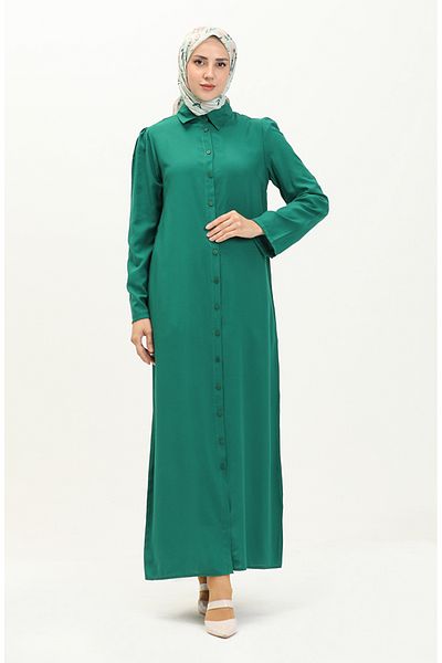 sefamerve Viskose-Kleid mit gerafften Ärmeln und Knöpfen 5109-05 Smaragdgrün