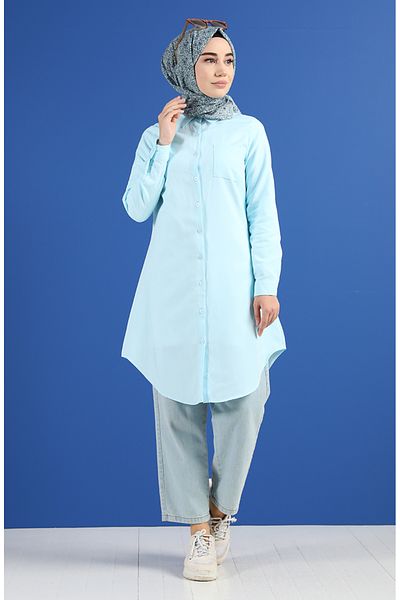 sefamerve Turquoise Tunic - Pocket and Button, Model 6472-12