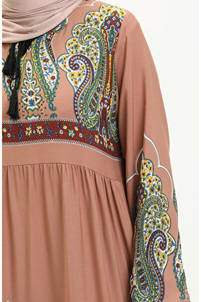 sefamerve Desenli Viskon Elbise 4073-07 Bakır