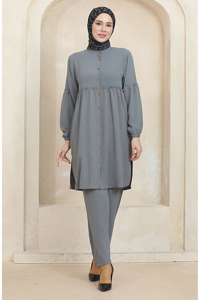sefamerve Gray Aerobin Fabric Tunic and Trousers Double Set - 1006-01