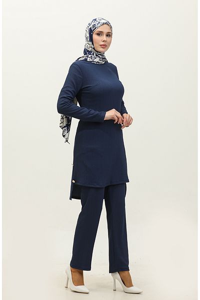 sefamerve Marineblauer Tunika- und Hosenanzug mit Knopfdetail 0101DA-05