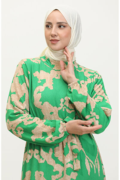 sefamerve Πράσινο μπεζ φόρεμα με ζωσμένο σχέδιο Yezra - 0345-04