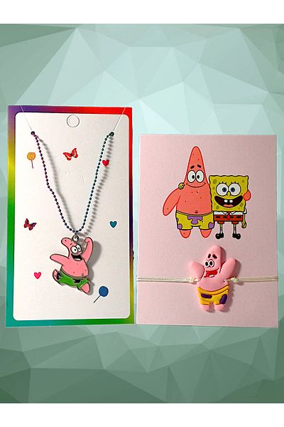 anonim Patrick Themed Adjustable Necklace and Bracelet Set (with Card)