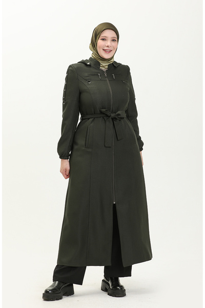 sefamerve Büyük Beden Kapüşonlu Fermuarlı Pardesü 0478-04 Haki