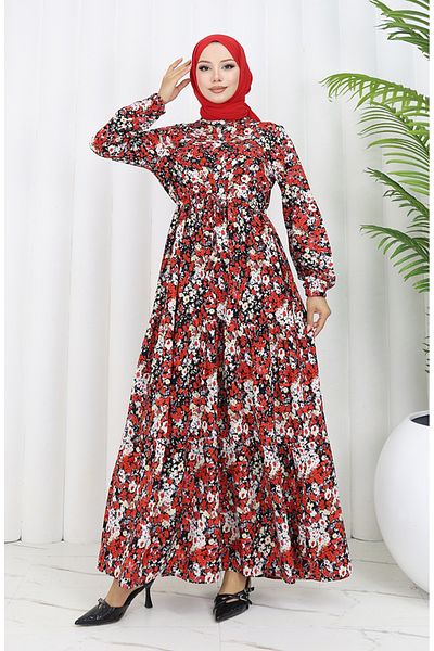 sefamerve Red Floral Print Half Button Spring Dress - 0361-02