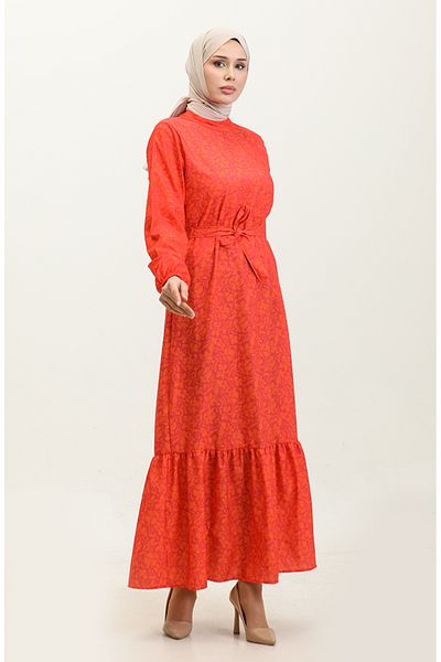 sefamerve Coral Colored Floral Patterned Fair Crepe Dress - 0347-06