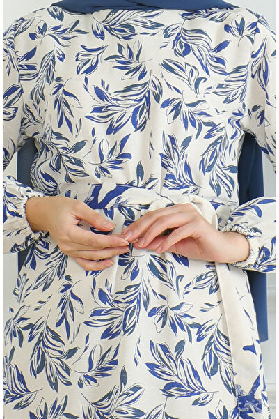 sefamerve Beige Saks Linen Dress - Patterned and Belted 0471-04