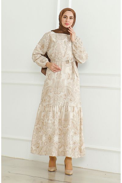 sefamerve Beiges Leinenkleid – mit Muster und Gürtel 0471C-04