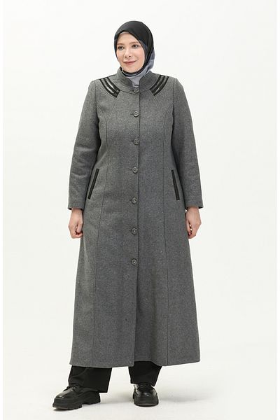 sefamerve Γκρι παλτό Stamp - Plus Size, Ολόσωμο κουμπιά, 0417-02