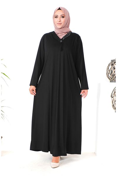 sefamerve Μαύρο χτενισμένο βαμβακερό φόρεμα Stone Printed Plus Size - 4932-01