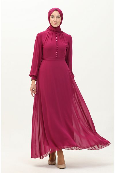 sefamerve Fuchsiafarbenes Chiffon-Abendkleid mit Knopfdetail und Schärpe 5695A-03
