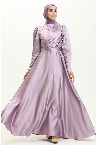 sefamerve Rochie de seara din satin liliac - Rochie cu perle 5650-01