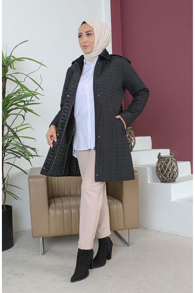 sefamerve Παλτό Καπιτονέ με σχέδιο Argyle Plus Size 5059-01 Μαύρο
