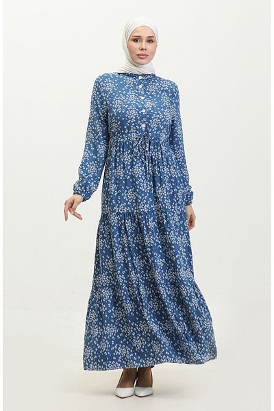 sefamerve Indigo Smile Viscose Dress - Half Button and Floral 0358-01