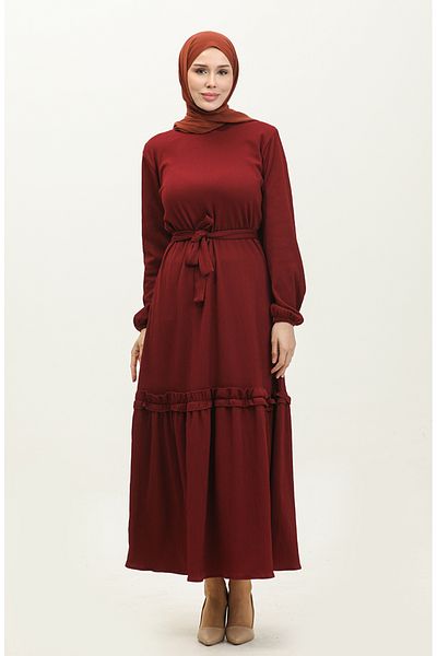 sefamerve Dunkelburgunderfarbenes, figurbetontes, gerafftes Kleid – NZR003A-06