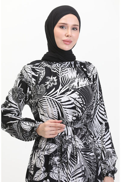 sefamerve Φόρεμα ζωσμένο με σχέδιο βισκόζης 0485-03 - Ασπρόμαυρο