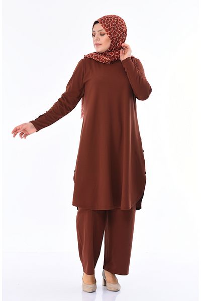 sefamerve Plus Size Tan Tunic and Pants Σετ δύο τεμαχίων - Λεπτομέρεια κουμπιού 2655-03