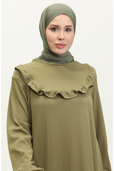 sefamerve Fırfır Detaylı Fitilli Elbise 0315-02 Açık Haki