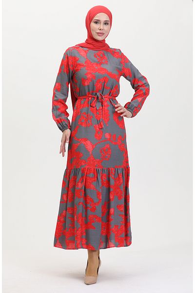sefamerve Anthrazitrotes, gemustertes Kleid mit gerafftem Saum – 0451-05
