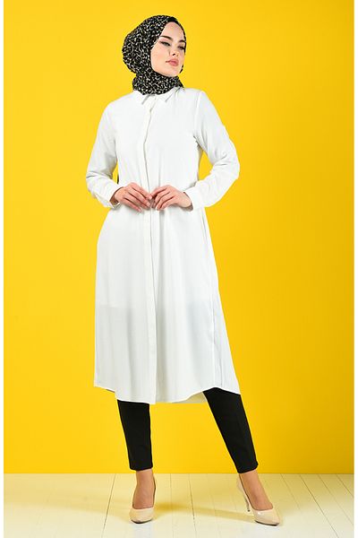 sefamerve Viscose Tunic 6435-10 Ecru - Pocket and Hidden Placket