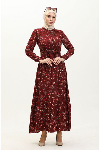 sefamerve Claret Red Viscose Dress - Floral Pattern, Model 5068-07