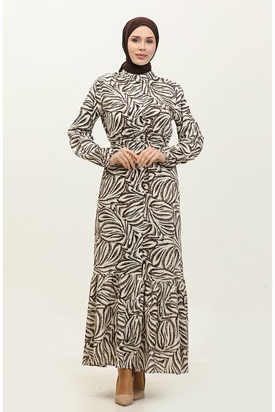 sefamerve Viscose Rana Palm Print Μπεζ Καφέ Φόρεμα - 0342A-03