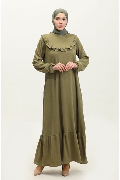sefamerve Hellkhakigrünes Nazenin Rüschenkleid von Robadan – NZR003-02
