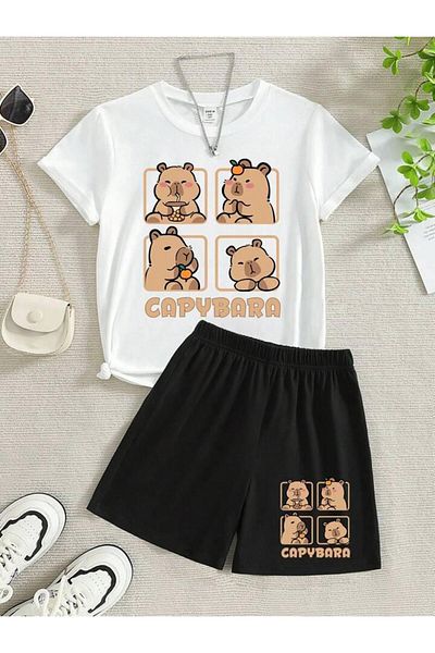 vinraus Girl\Boy White-Black Capybara Apple Printed Combed Cotton Shorts-Tshirt Set