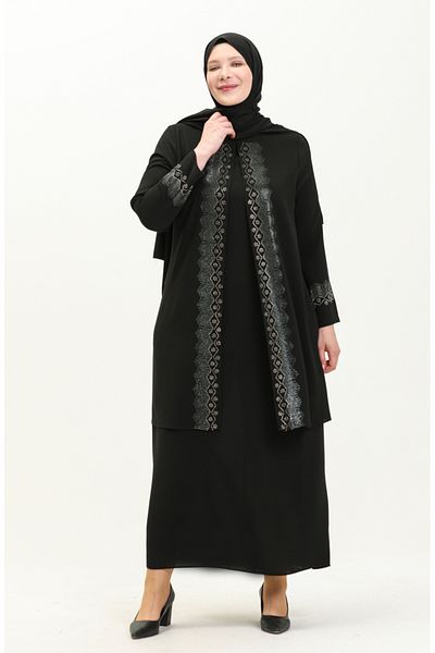 sefamerve Μαύρο βραδινό φόρεμα με πέτρινο εμπριμέ Plus Size - 6092-04