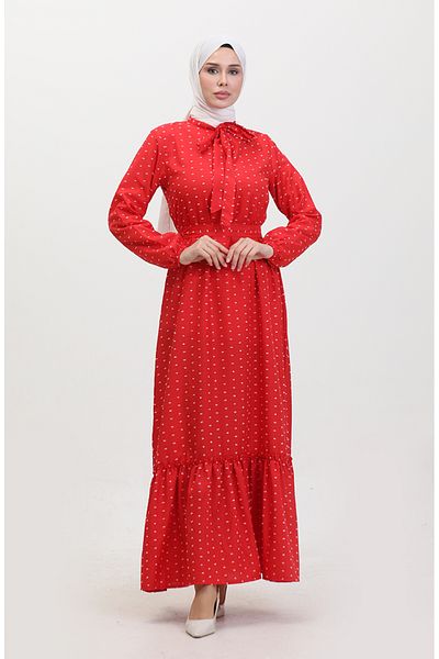 sefamerve Bedrucktes Kleid mit roten Gürteln - 0383-02