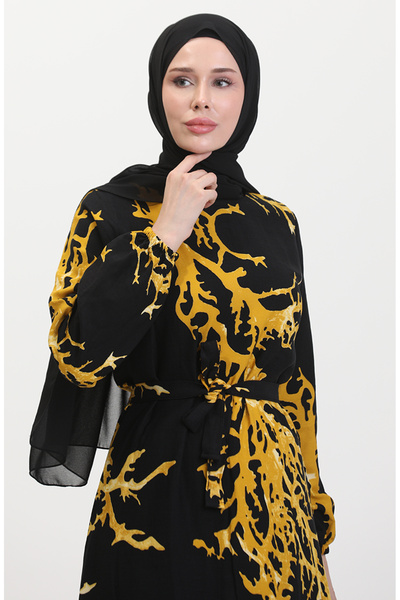 sefamerve Desenli Kuşaklı Elbise 0458-01 Siyah Hardal