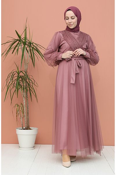sefamerve Βραδινό φόρεμα Dusty Rose Pearl Tulle - 81778-05