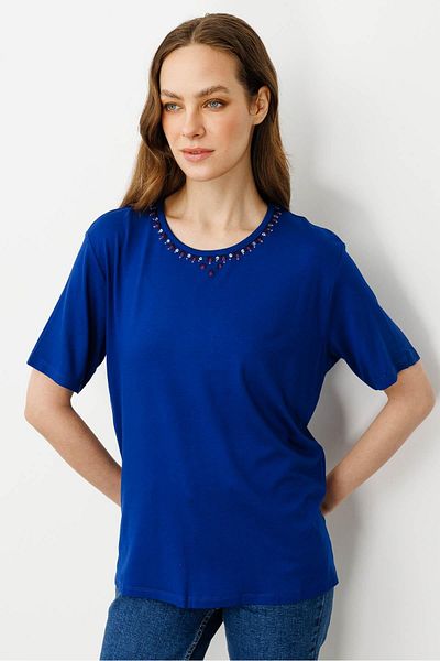 Desen Triko Tricou de bază din bumbac pieptănat cu decolteu rotund pentru femei Sax