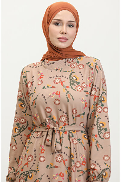 sefamerve Рокля с флорален мотив и колан в цвят норка - 0365-01