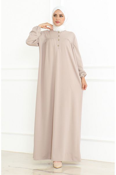 sefamerve Mink Colored Buttoned Dress with Elastic Sleeves - 3031-06