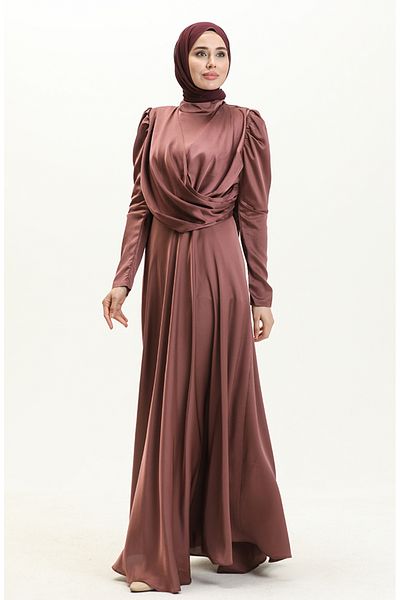 sefamerve Βραδινό φόρεμα με σατέν ντραπέ - 6059-03, Dark Rose Dusty