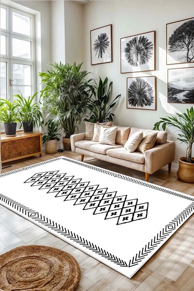 df home Salon Halısı Geometrik İskandinav Eskitmeli Dijital Baskı Yıkanabilir...