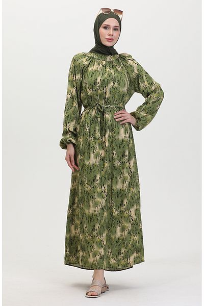 sefamerve Light Khaki Green Patterned Belted Dress - 0454-03