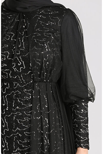 sefamerve Βραδινό Φόρεμα Μαύρο Παγιέτες - Ασημί 5346-11