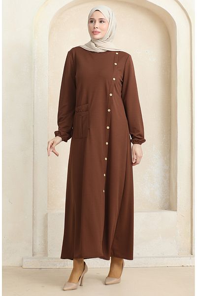 sefamerve Brown Dress with Buttons and Pockets, Model 3029-06