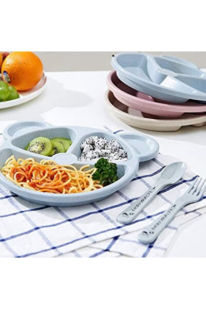 COOYA 3-Piece Wheat Straw Dinnerware Set, Bear Design Toddler Plate Boys and Girls Tableware(Blue)