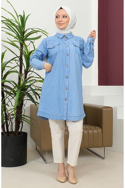 sefamerve Cămașă lungă din denim albastru gheață - cu nasturi, 30361-01