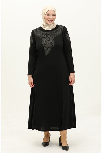 sefamerve Πέτρινο εμπριμέ μαύρο φόρεμα Plus Size - 4946-09