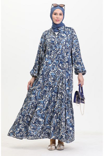 sefamerve Navy Blue Patterned Viscose Dress - 0472-01