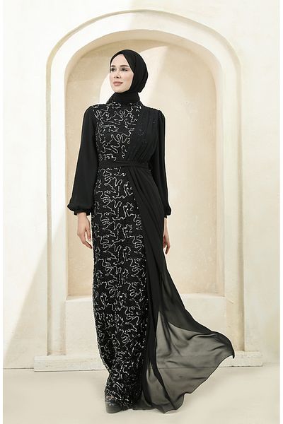 sefamerve Schwarz-silbernes Chiffon-Abendkleid mit Pailletten 5516-07