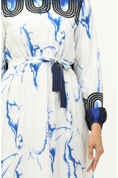 sefamerve Saks White Digital Printed Waist Gathered φόρεμα - 1115-02